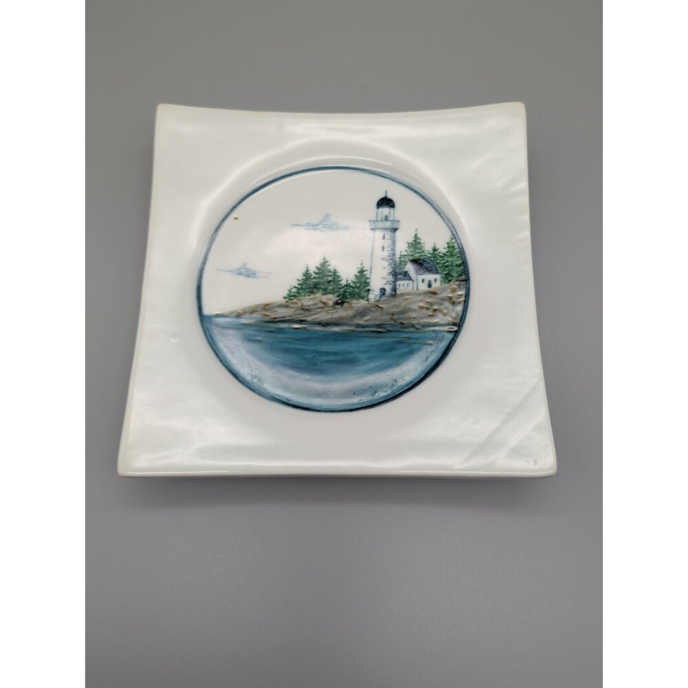 Georgetown Pottery Maine Coastal Lighthouse Square Candle Plate Hand Painted Art